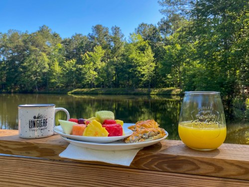 A plate of fresh fruit and a slice of quiche beside a glass of orange juice, overlooking a serene pond.