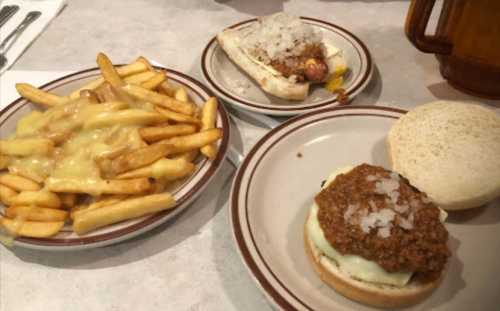 A plate with fries topped with cheese, a hot dog with chili, and a burger with chili and onions on a bun.