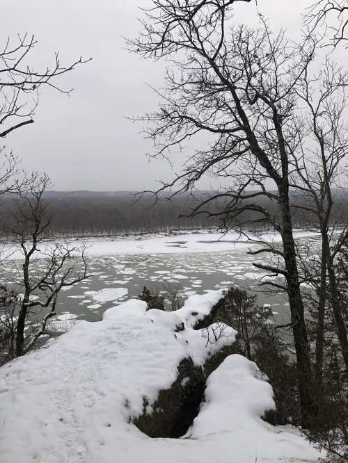 A snowy landscape with bare trees overlooking a river partially covered in ice, under a gray sky.