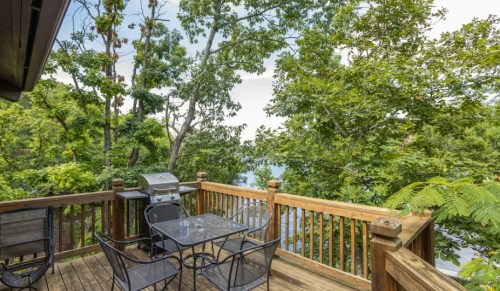 A wooden deck with a glass table and chairs, surrounded by lush green trees and a view of the water in the distance.
