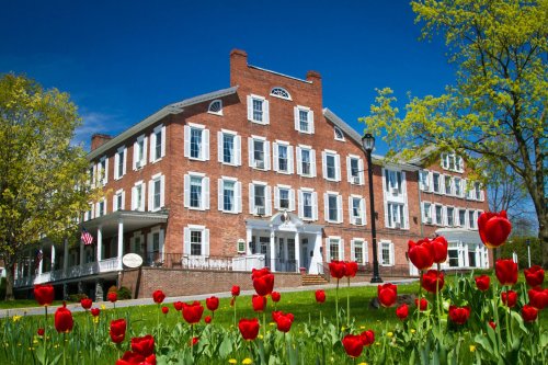 Historic brick building with white shutters, surrounded by vibrant red tulips and a clear blue sky.