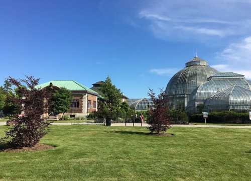 A sunny park scene featuring a large glass conservatory and a historic building, surrounded by green grass and trees.