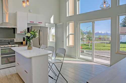 Bright, modern kitchen with large windows, mountain view, and a central island with seating.