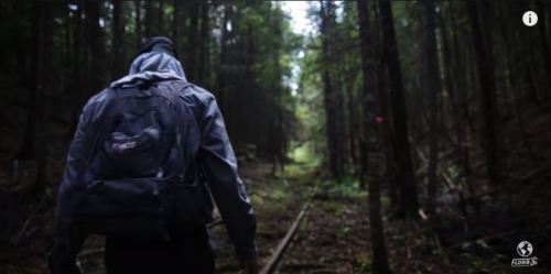 A person in a hoodie walks along a narrow, overgrown path in a dense forest.