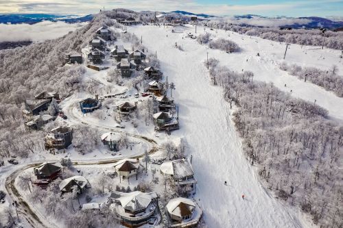 Aerial view of a snowy mountain village with ski slopes and cozy homes surrounded by trees.