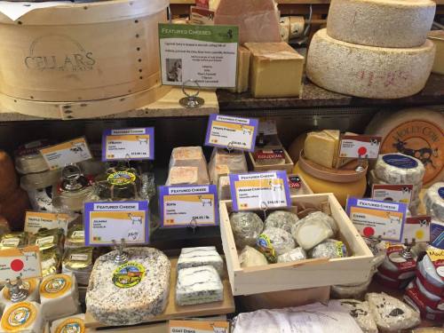 A display of various cheeses with labels, including blocks, wheels, and rounds, in a cheese shop setting.