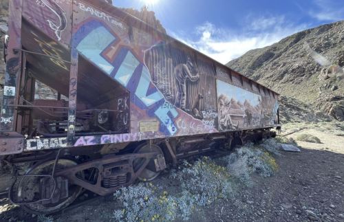 Graffiti-covered train car in a mountainous landscape, surrounded by sparse vegetation and blue sky.