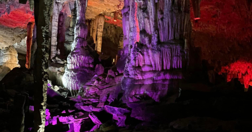 Colorful stalagmites and rock formations illuminated in a cave, showcasing vibrant purple and red lighting.
