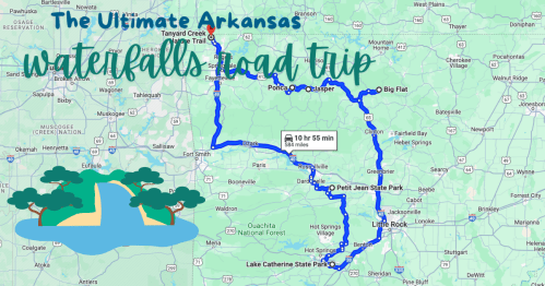 Map of Arkansas highlighting a road trip route to various waterfalls, with decorative text and illustrations.