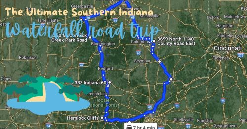 Map of a road trip route in Southern Indiana, highlighting waterfalls and key locations with decorative text and icons.