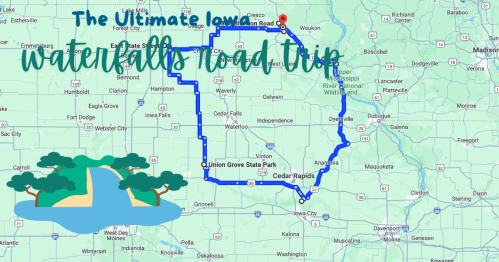 Map of Iowa highlighting a road trip route to various waterfalls, with decorative elements like trees and water.