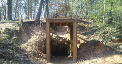 A wooden structure covers the entrance to a dark tunnel, surrounded by trees and earthy terrain.