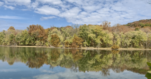 A serene lake reflecting colorful autumn trees under a partly cloudy sky.