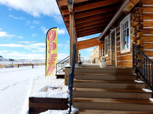 A snowy scene with a wooden building, an "OPEN" sign, and a small dog on the steps.