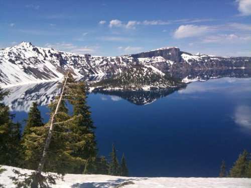 A serene view of Crater Lake, surrounded by snow-capped mountains and lush green trees under a clear blue sky.