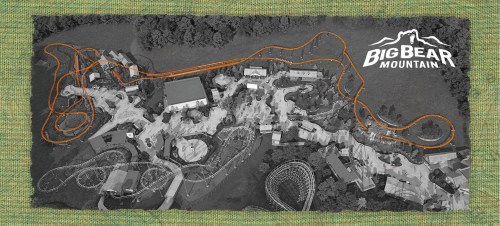 Aerial view of Big Bear Mountain amusement park with ride paths highlighted in orange on a black-and-white background.