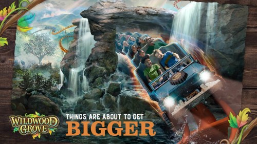A thrilling roller coaster ride through waterfalls, with excited riders and vibrant graphics promoting Wildwood Grove.