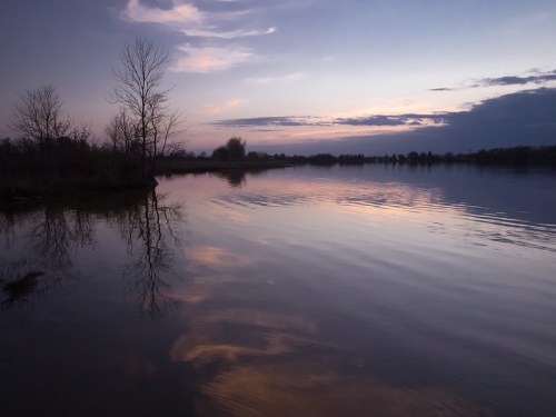 A tranquil lake at dusk, reflecting trees and a colorful sky with soft clouds.