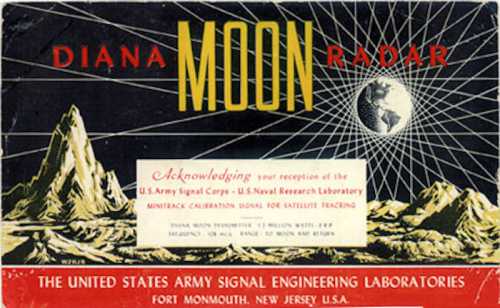 Vintage advertisement for Diana Moon Radar, featuring a starburst design and text about U.S. Army Signal Corps and calibration.