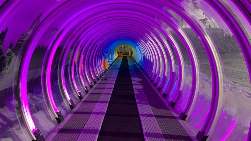 A brightly lit tunnel with purple and blue lights, featuring a smooth pathway and a futuristic design.
