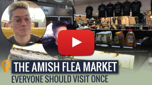 A video thumbnail featuring a person speaking, with a view of a flea market and text promoting the Amish Flea Market.