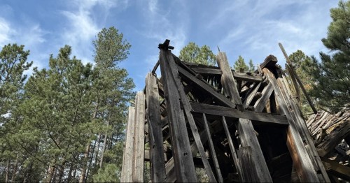 A weathered wood structure as seen along the abandoned mine hike in South Dakota's Black Hills.