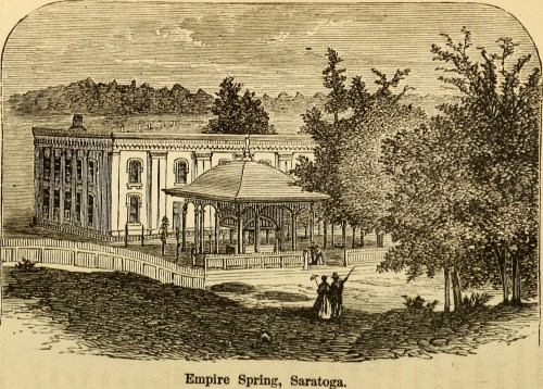 Illustration of Empire Spring in Saratoga, featuring a gazebo and a historic building surrounded by trees.