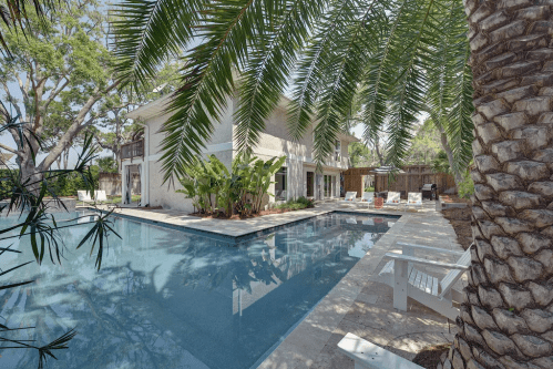 A serene backyard with a pool, palm trees, and a spacious house surrounded by lush greenery.