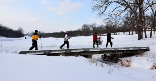 Four people walk across a snowy bridge in a winter landscape, surrounded by trees and a frozen body of water.