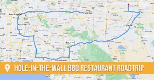 Map showing a road trip route to various hole-in-the-wall BBQ restaurants in and around Los Angeles.
