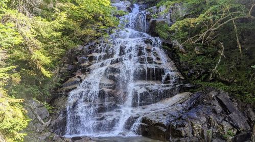 A cascading waterfall flows over rocky terrain, surrounded by lush green trees and foliage.