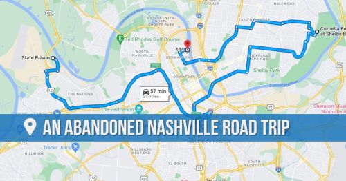 Map showing a route for an abandoned road trip in Nashville, highlighting key locations and a total distance of 24 miles.
