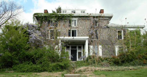 Abandoned stone house overgrown with vines and surrounded by lush greenery under a cloudy sky.
