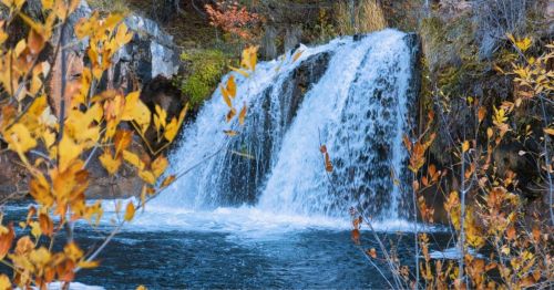 A serene waterfall cascades over rocks, surrounded by vibrant autumn foliage and a tranquil blue pool.