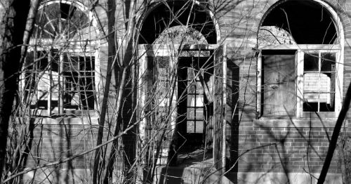 Abandoned building with arched windows, overgrown with branches, in black and white.