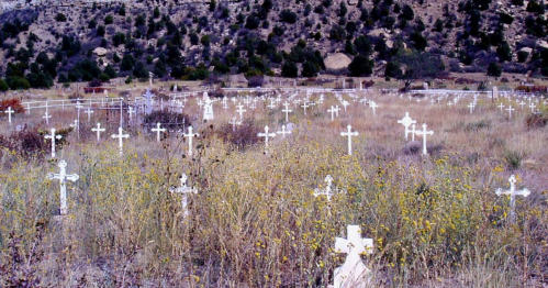 A field of white crosses marking graves, surrounded by tall grass and wildflowers, with a hilly landscape in the background.