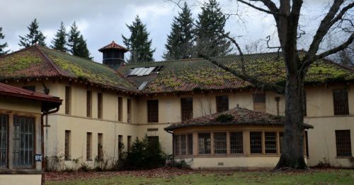 An old, moss-covered building surrounded by trees under a cloudy sky.