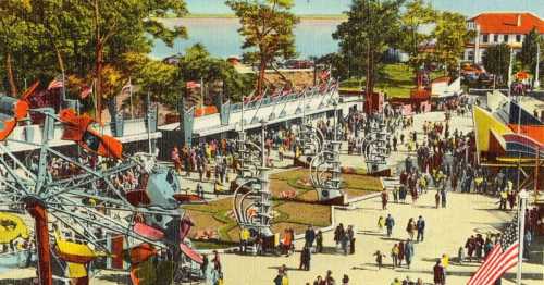 A vibrant vintage scene of a bustling amusement park with rides, crowds, and flags under a clear sky.