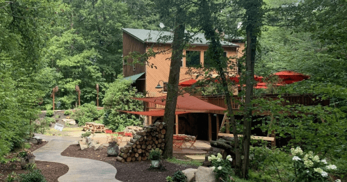 A cozy wooden building surrounded by lush greenery, with outdoor seating and red umbrellas in a serene garden setting.