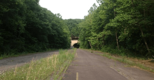 Abandoned road leading to a tunnel, surrounded by dense greenery and trees.