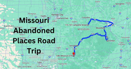Map of Missouri highlighting a road trip route to various abandoned places, with key locations marked.