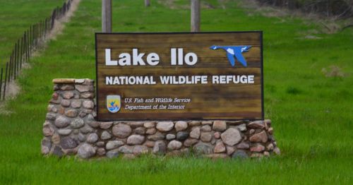 Sign for Lake Ilo National Wildlife Refuge, featuring a stone base and green grass background.