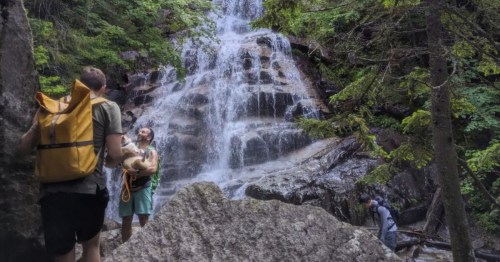 Two hikers admire a waterfall surrounded by lush greenery and rocky terrain. A dog is held by one of the hikers.