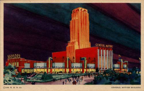 Artistic depiction of the General Motors Building, featuring a tall tower and vibrant colors, set against a night sky.