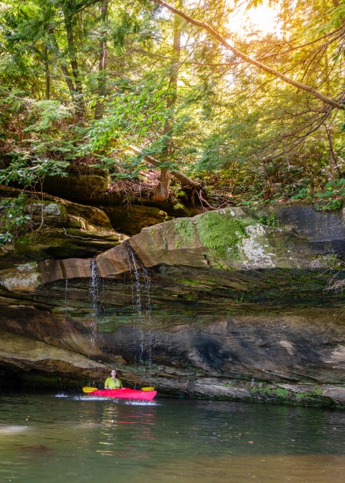 A person in a kayak paddles near a rocky cliff with a small waterfall, surrounded by lush green trees.