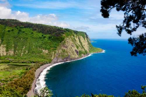 A scenic view of a lush green coastline meeting a vibrant blue ocean under a clear sky.