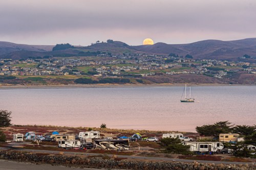 A serene landscape featuring RVs by the water, a sailboat, and a rising moon over distant hills and homes.