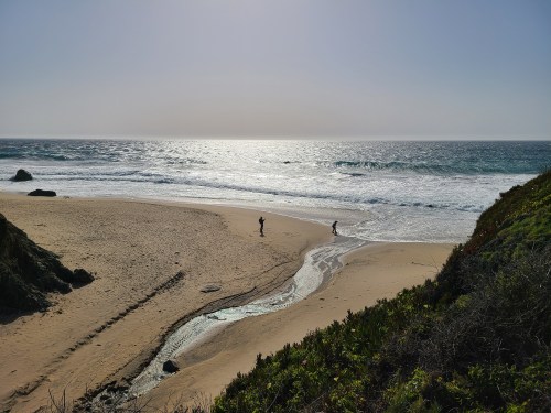 Two people walking along a sandy beach with gentle waves and a shimmering ocean under a bright sky.