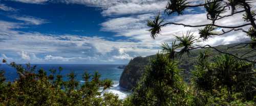 Lush greenery frames a coastal view with cliffs and a vibrant blue ocean under a partly cloudy sky.