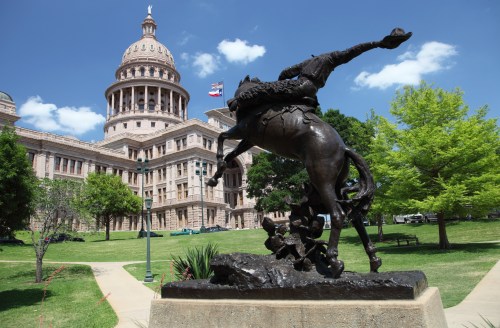 A bronze statue of a horse rearing up in front of a large, historic building with a dome and blue sky.